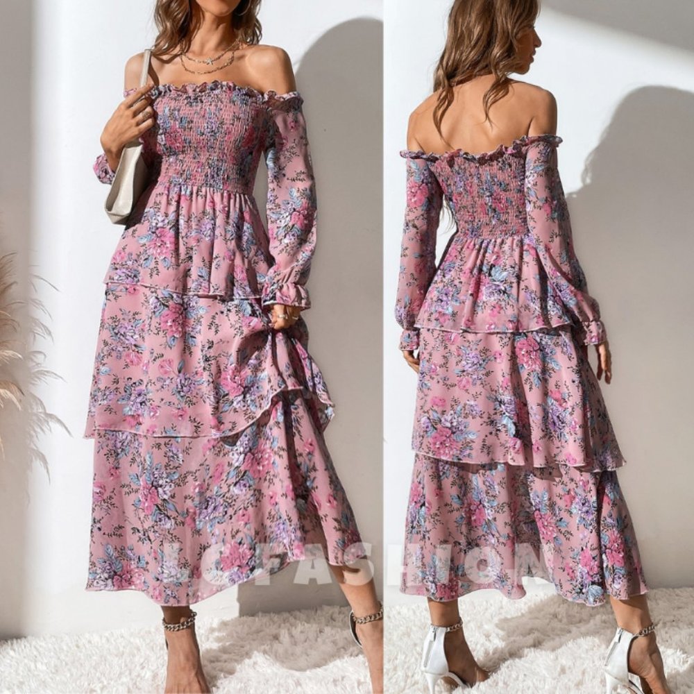 Boho Floral Dress,Off The Shoulder Shirred Layered Long Sleeve Hem Summer Dress